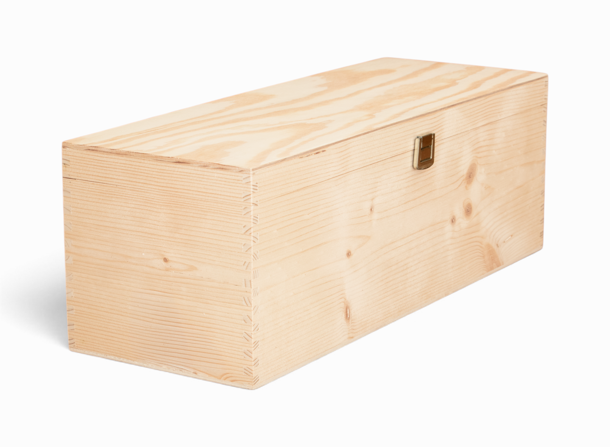 Geschlossene längliche Holzkassette mit hohen Seitenwänden, sichtbarer Maserung und goldfarbenem Verschluss.