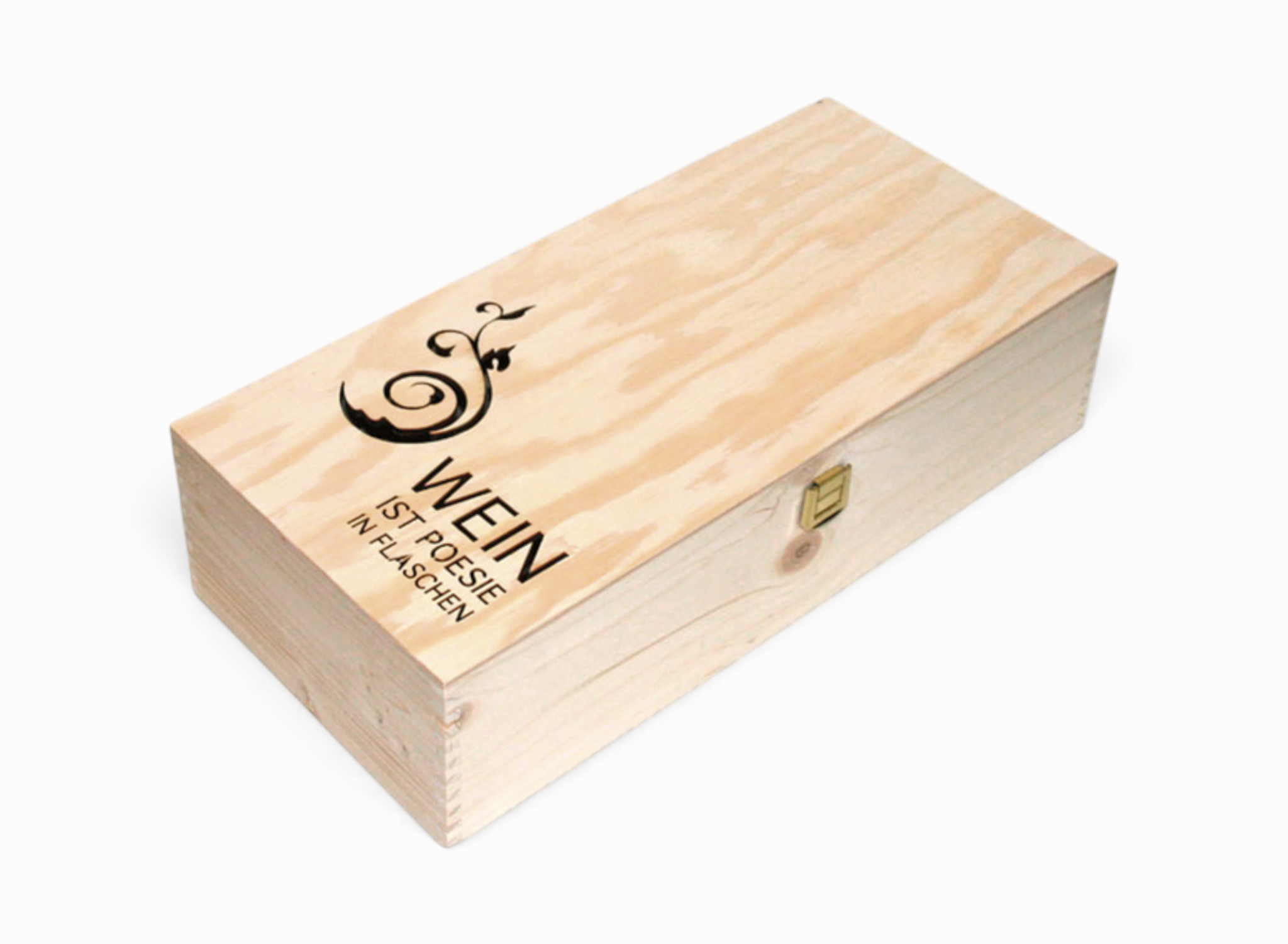 Geschlossene Holzkassette mit schwarzem Rankenmotiv und der Aufschrift „Wein ist Poesie in Flaschen“.
