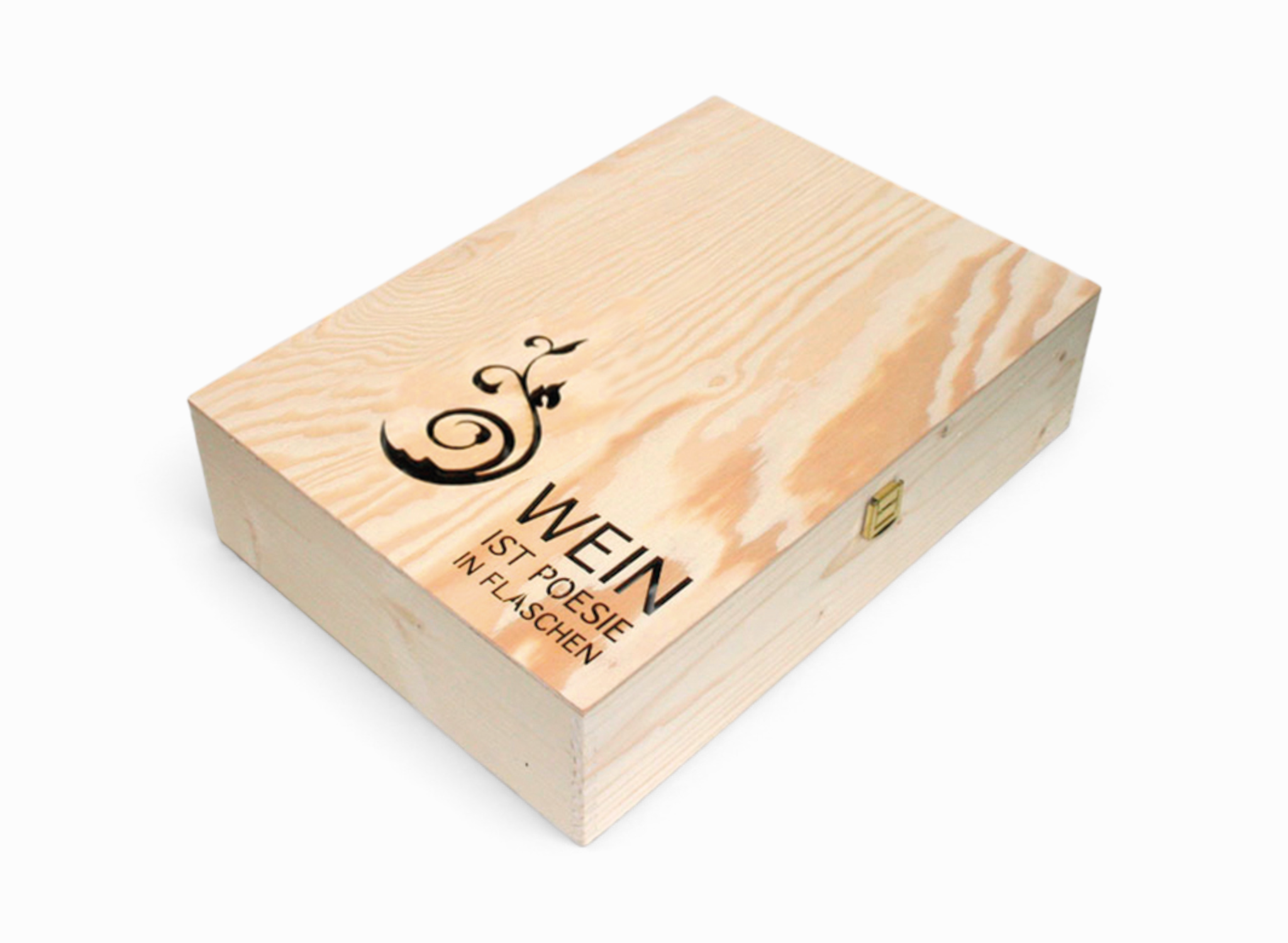 Geschlossene Holzkassette mit Metallverschluss, Ornament und der Aufschrift „Wein ist Poesie in Flaschen“.