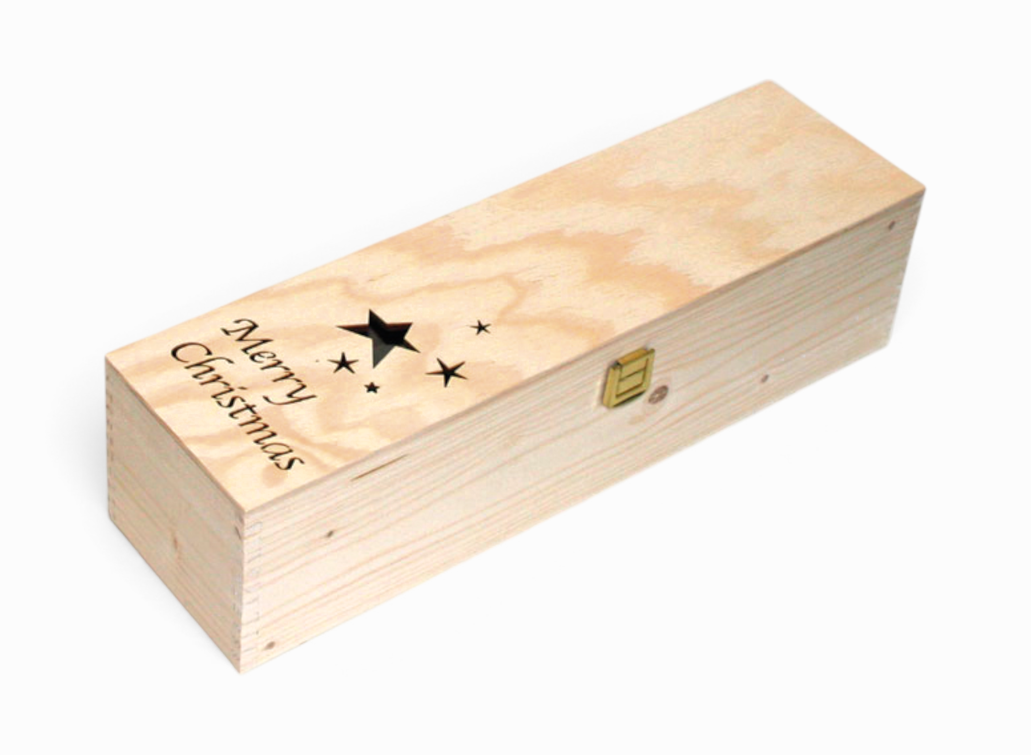 Geschlossene Holzkassette mit fünf Sternmotiven, der Aufschrift „Merry Christmas“ und goldfarbenem Verschluss.